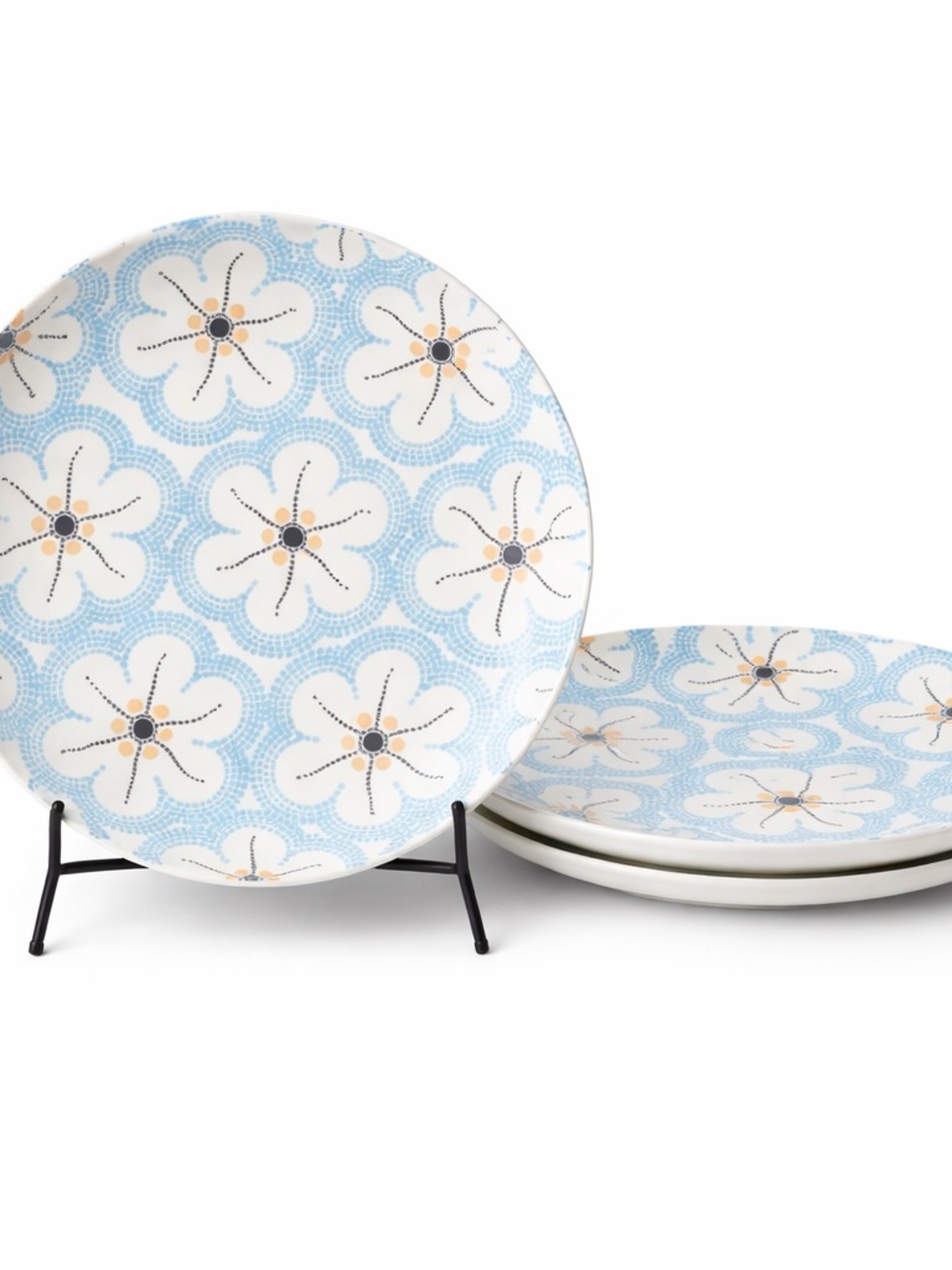 Anthropologie Set of 3 Blue Floral Plates 8” Dot Pattern NEW w/ Tags